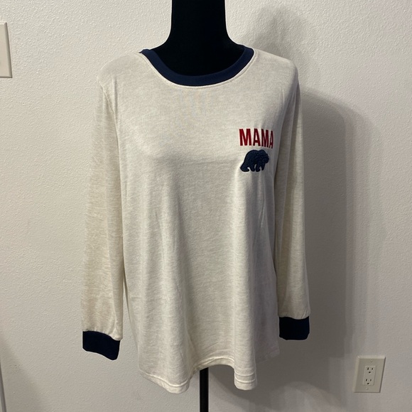Dearfoams Cozy Comfort Cream & Navy Mama Bear Long Sleeve Ringer Tee Size Large - Picture 1 of 7